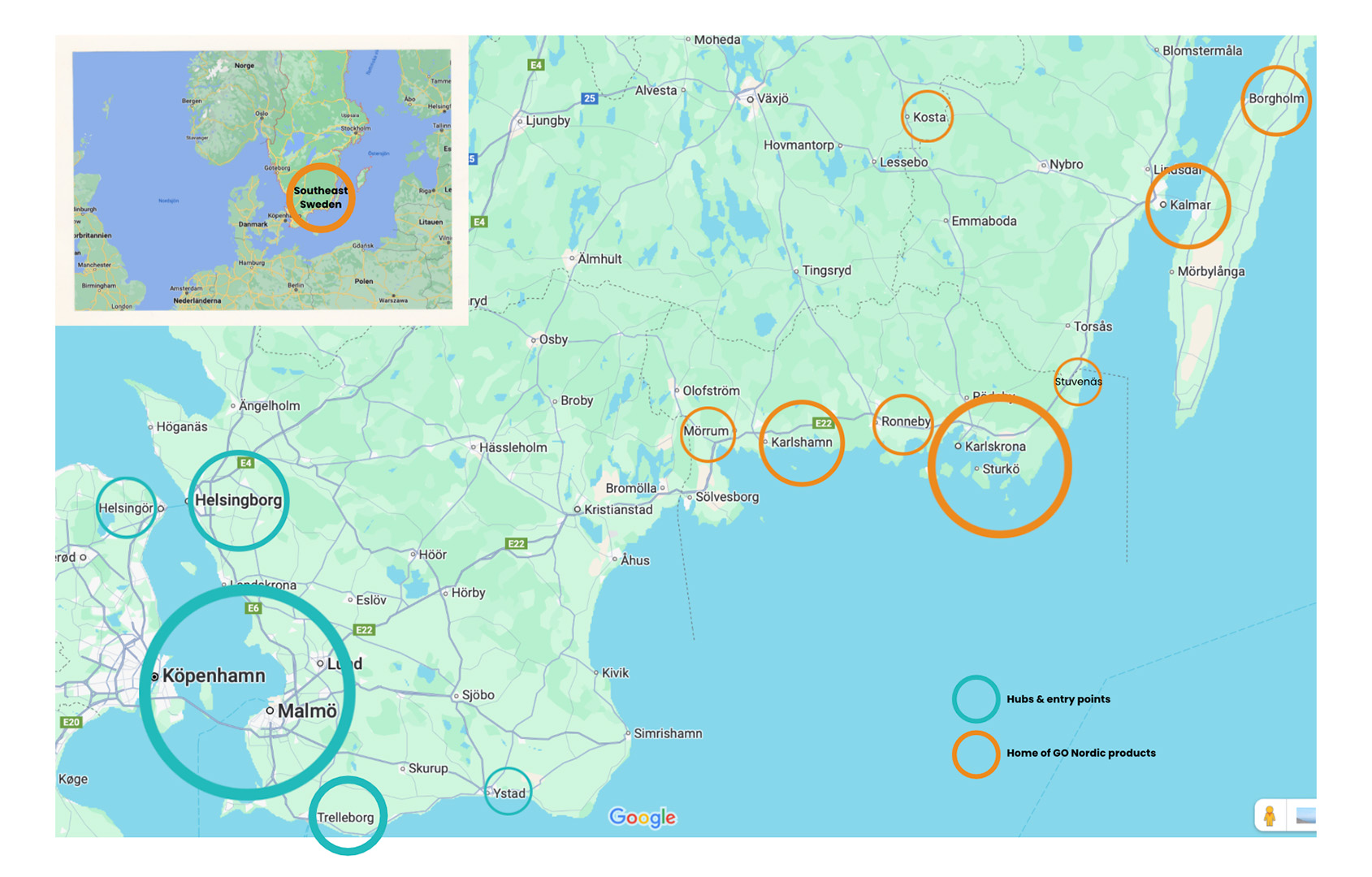 Map of south Sweden Google map detail of South Sweden